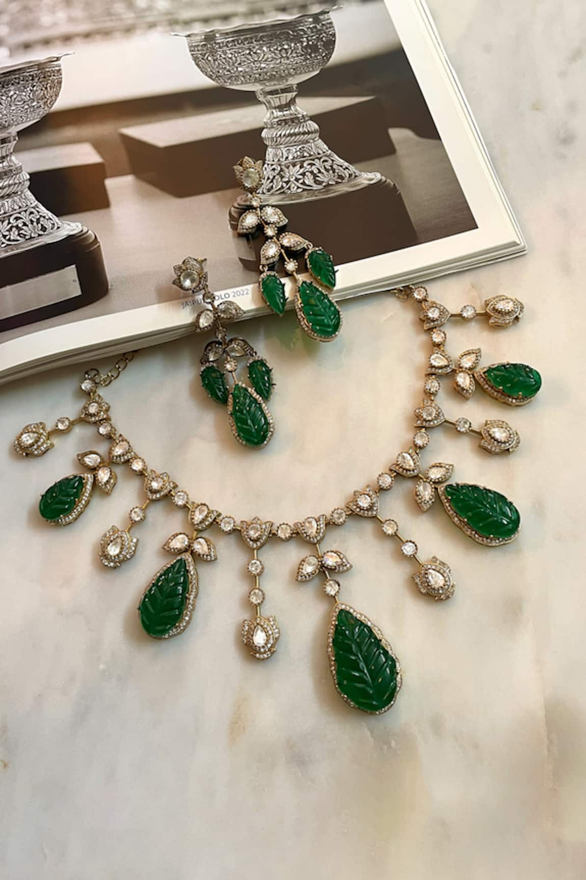 Saga Jewels Designer Green Leaf Motif Necklace & Earrings 