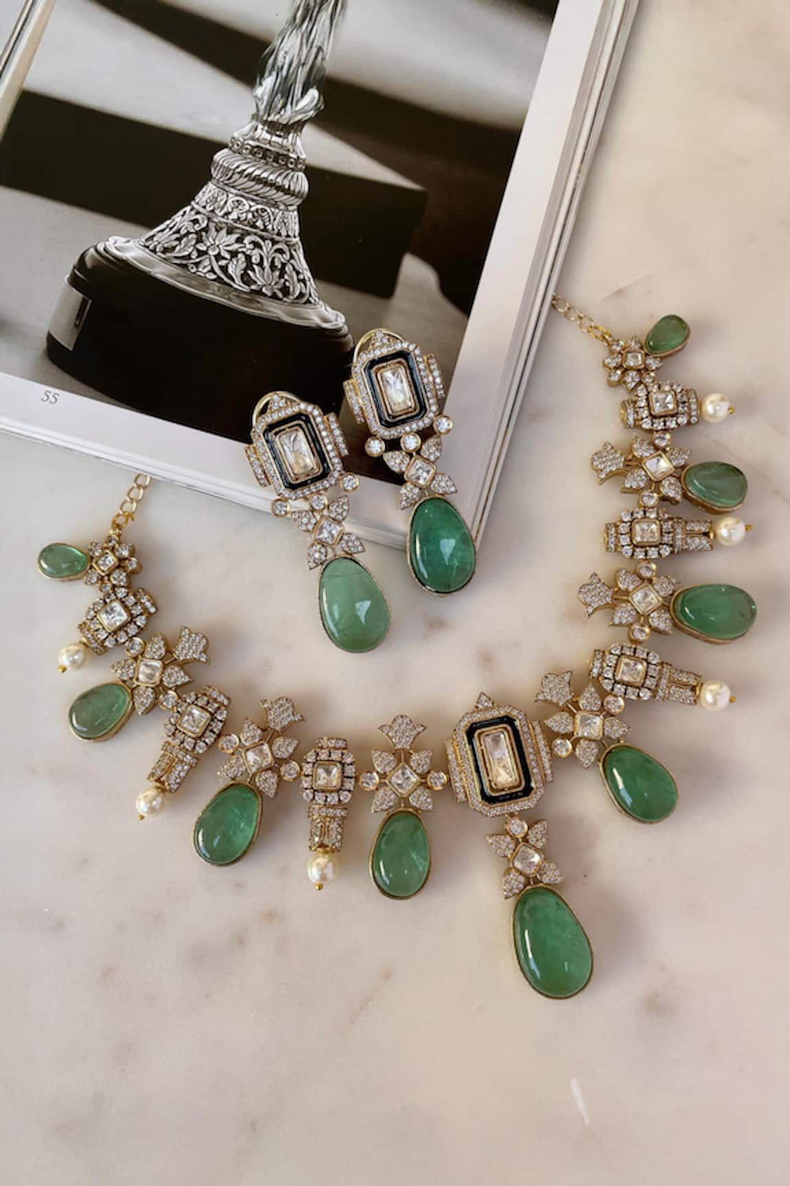 Saga Jewels Designer Green Necklace & Earring Set 