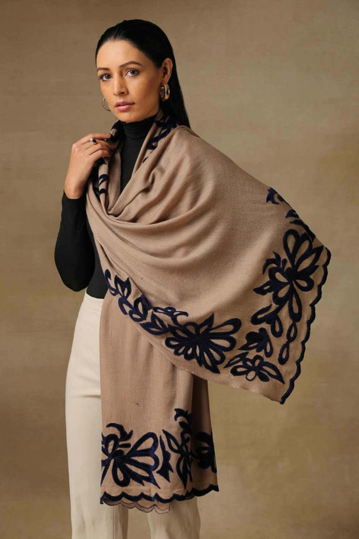 SHAZA Beige Floral Embroidered Stole 