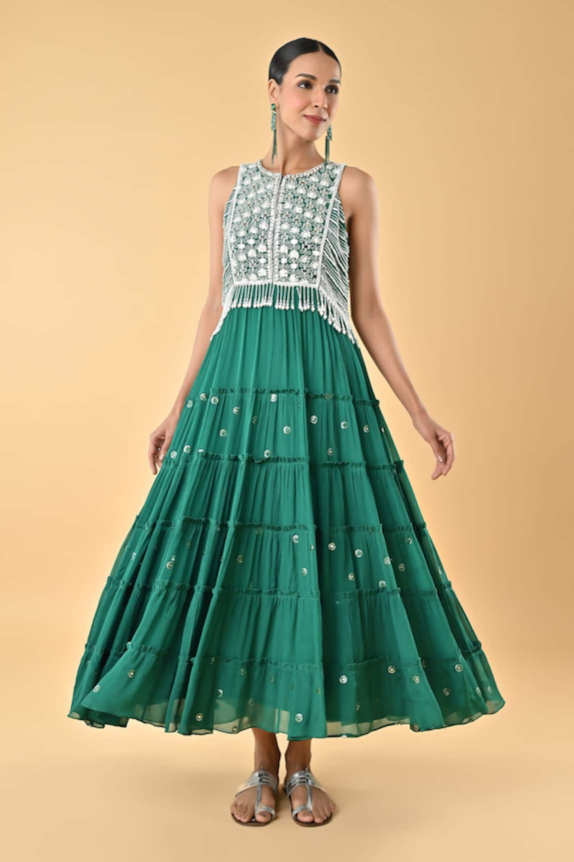 Keith Gomes Embroidered Green Chiffon Crepe Dress 