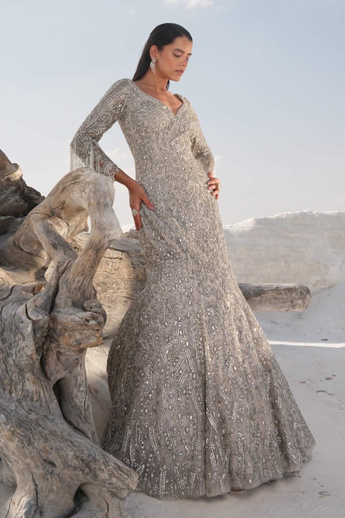 House Of Sikka Silver Beaded Designer Gown 