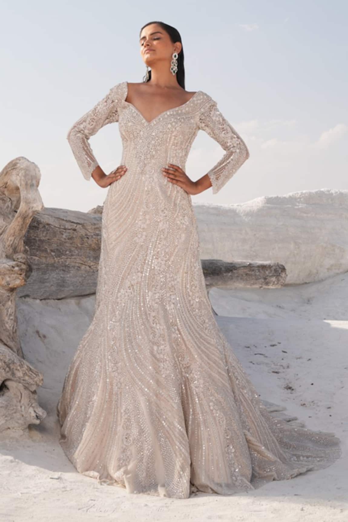 House Of Sikka Silver Net Designer Gown 