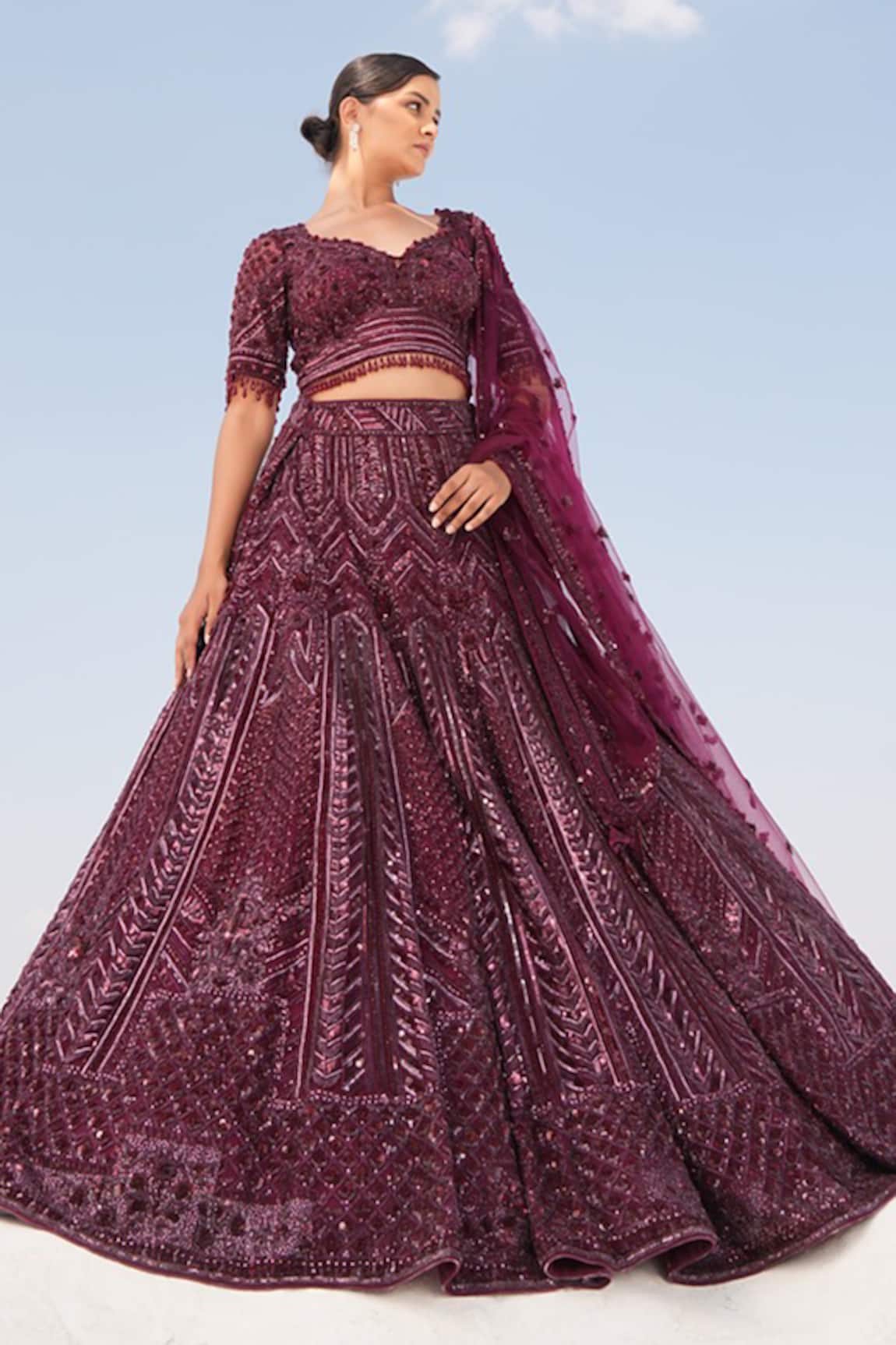 House Of Sikka Wine Embroidered Lehenga Set 