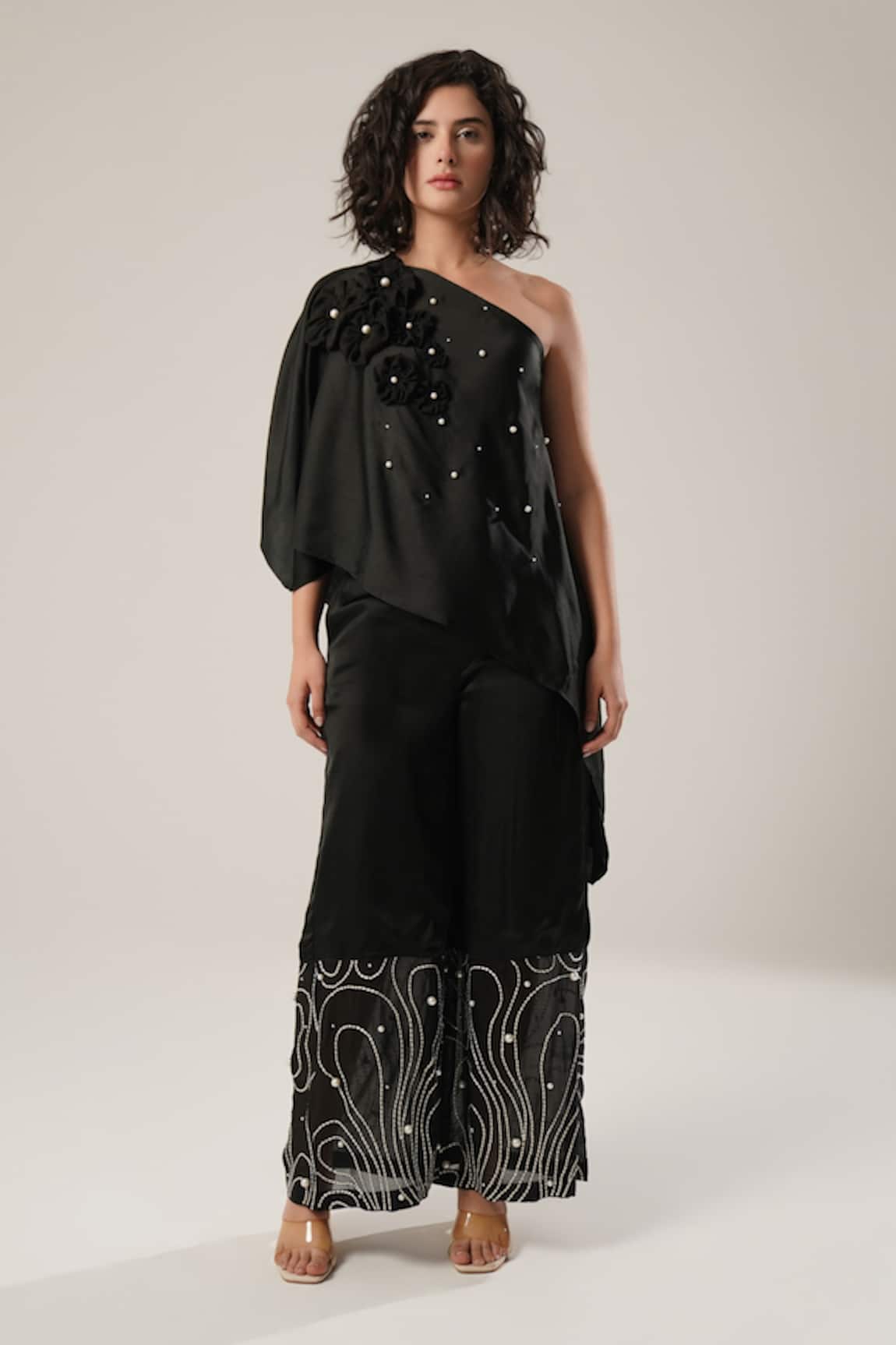 Atbw Black Modal Satin Embroidered Palazzo 
