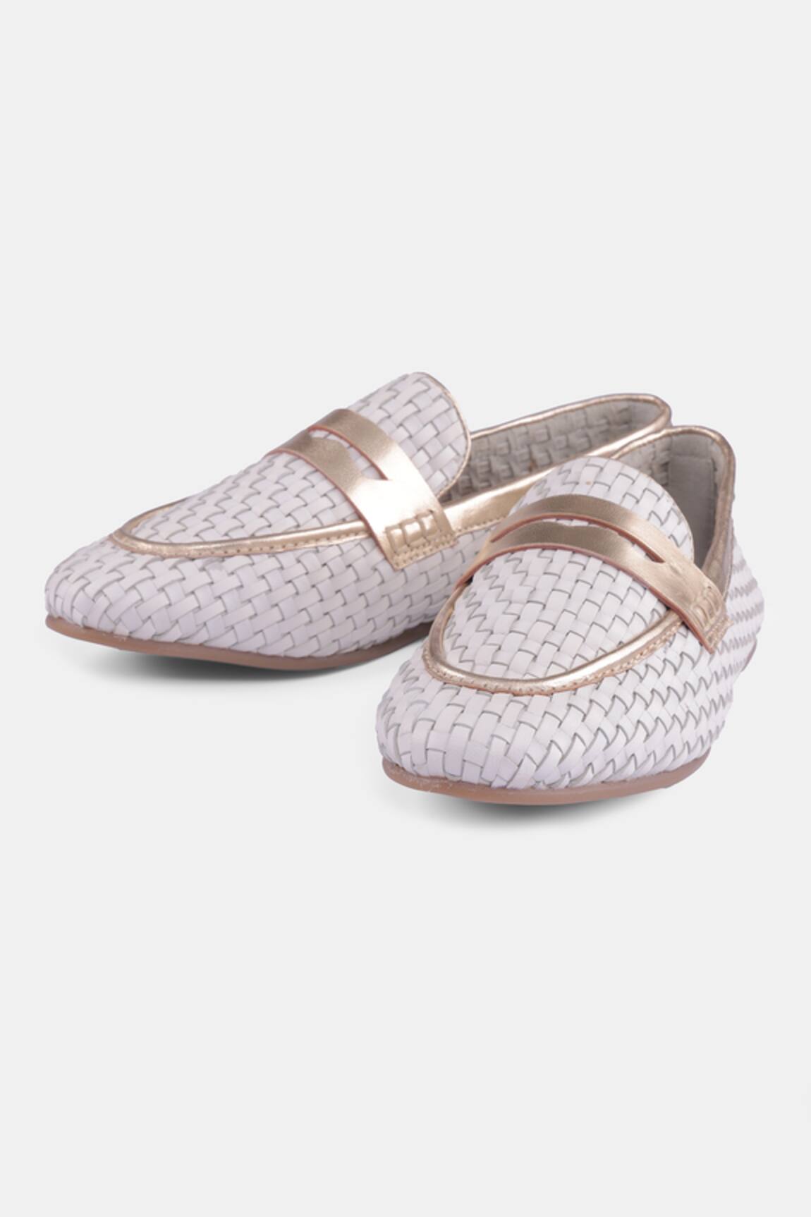 Heel Your Sole White & Gold Woven Penny Loafers 