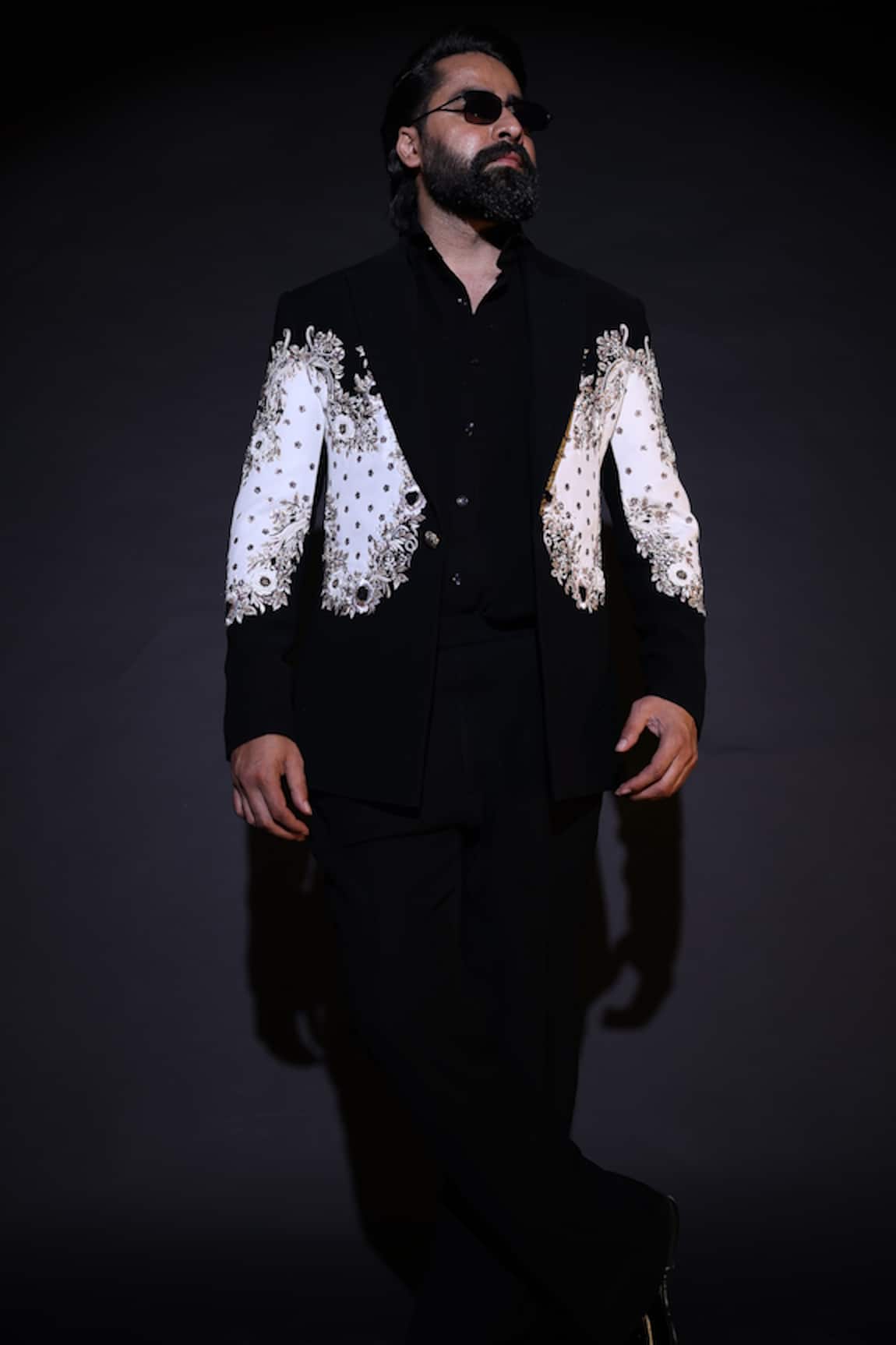 Courtyard By Abhi Black Japanese Lycra Embroidered Tuxedo Set 