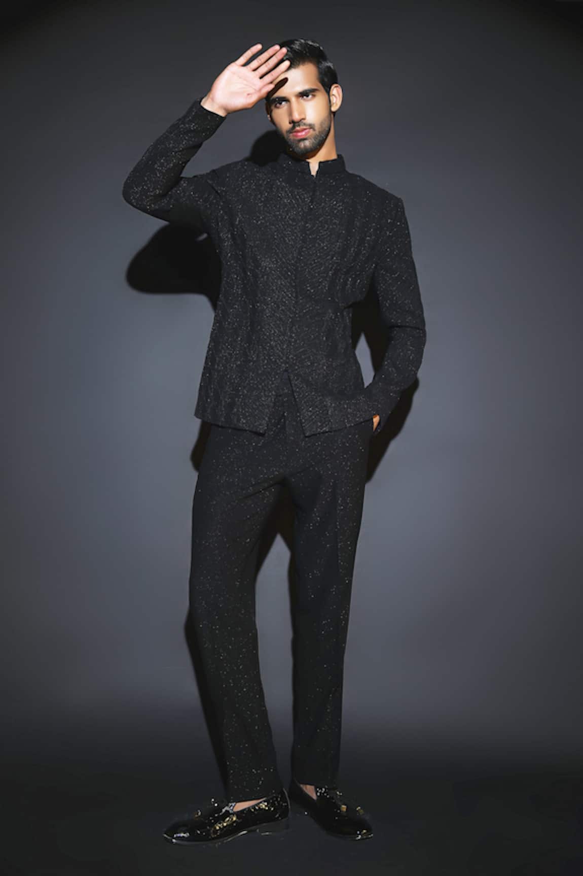 Courtyard By Abhi Black Japanese Lycra Bandhgala Set 