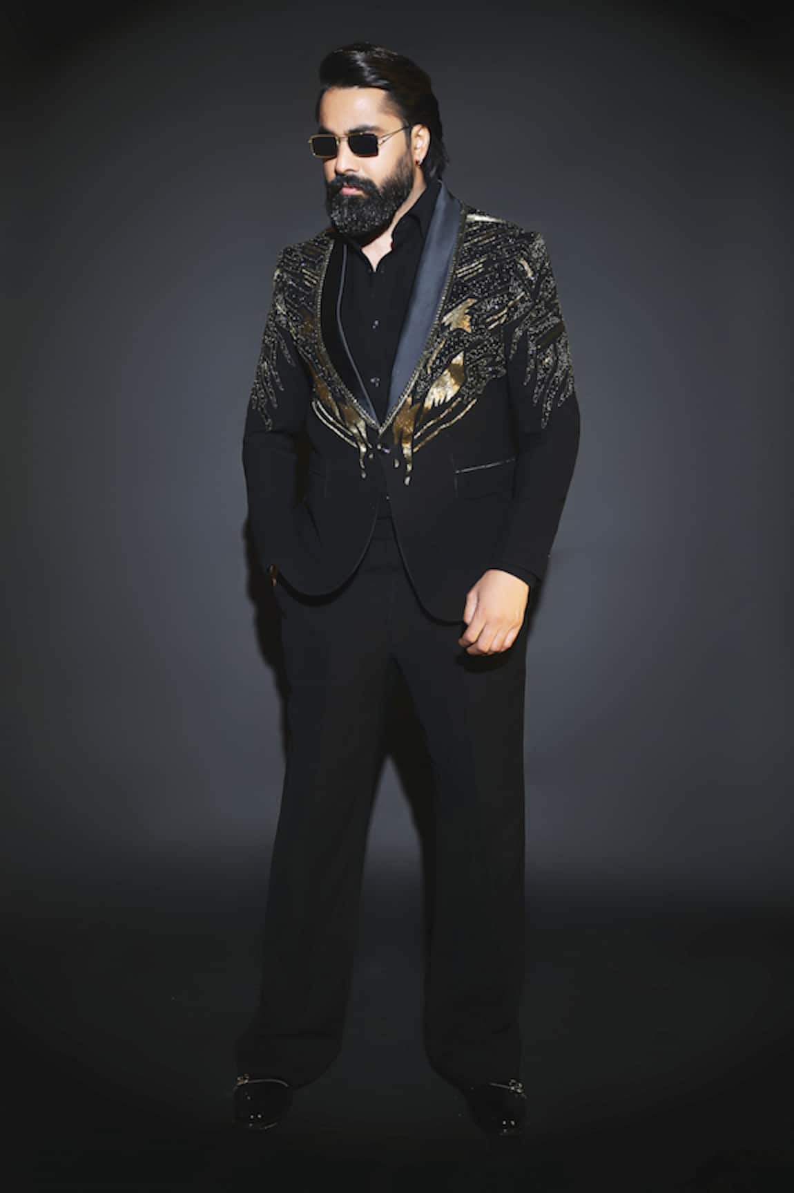Courtyard By Abhi Black Japanese Lycra Embroidered Tuxedo Set 