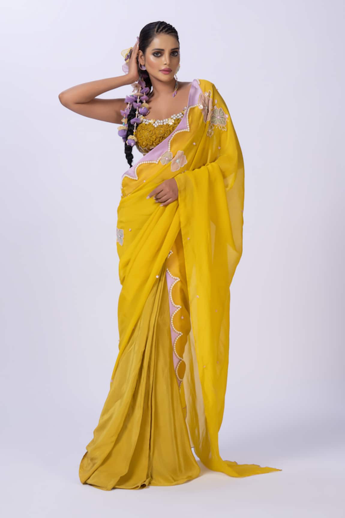 Merge Design Yellow Organza Floral Embroidered Blouse & Saree 