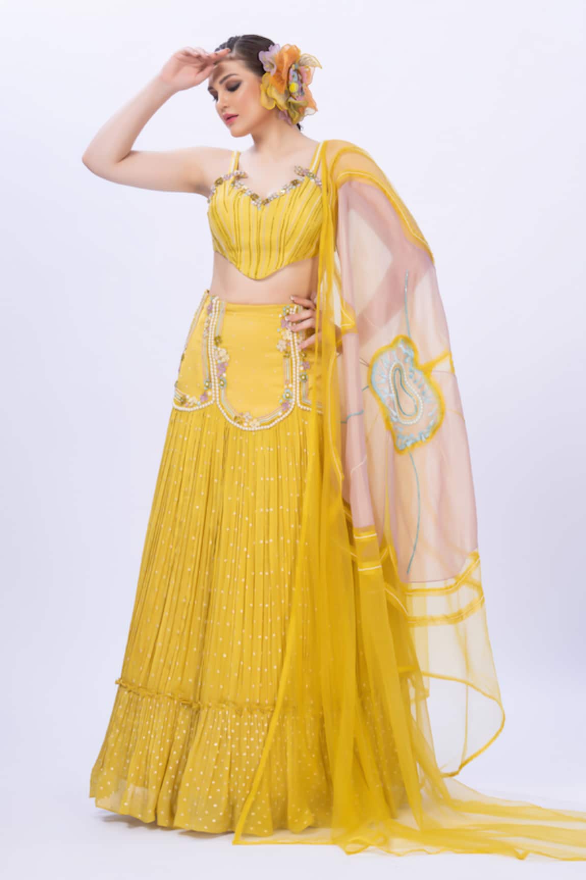 Merge Design Yellow Embroidered Lehenga Set 