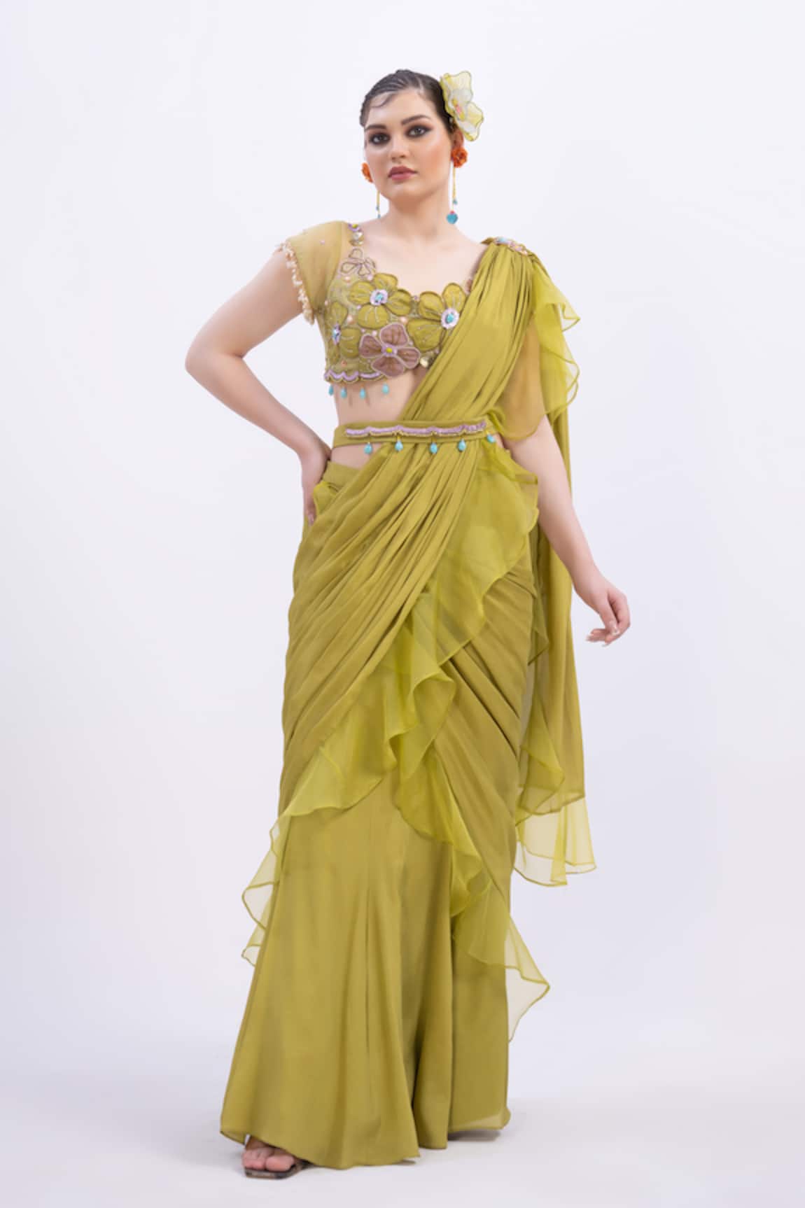 Merge Design Designer Green Organza Blouse & Chiffon Saree 