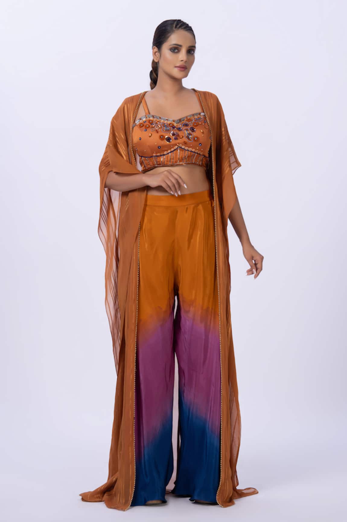 Merge Design Orange Beaded Top & Gradient Pant Set 