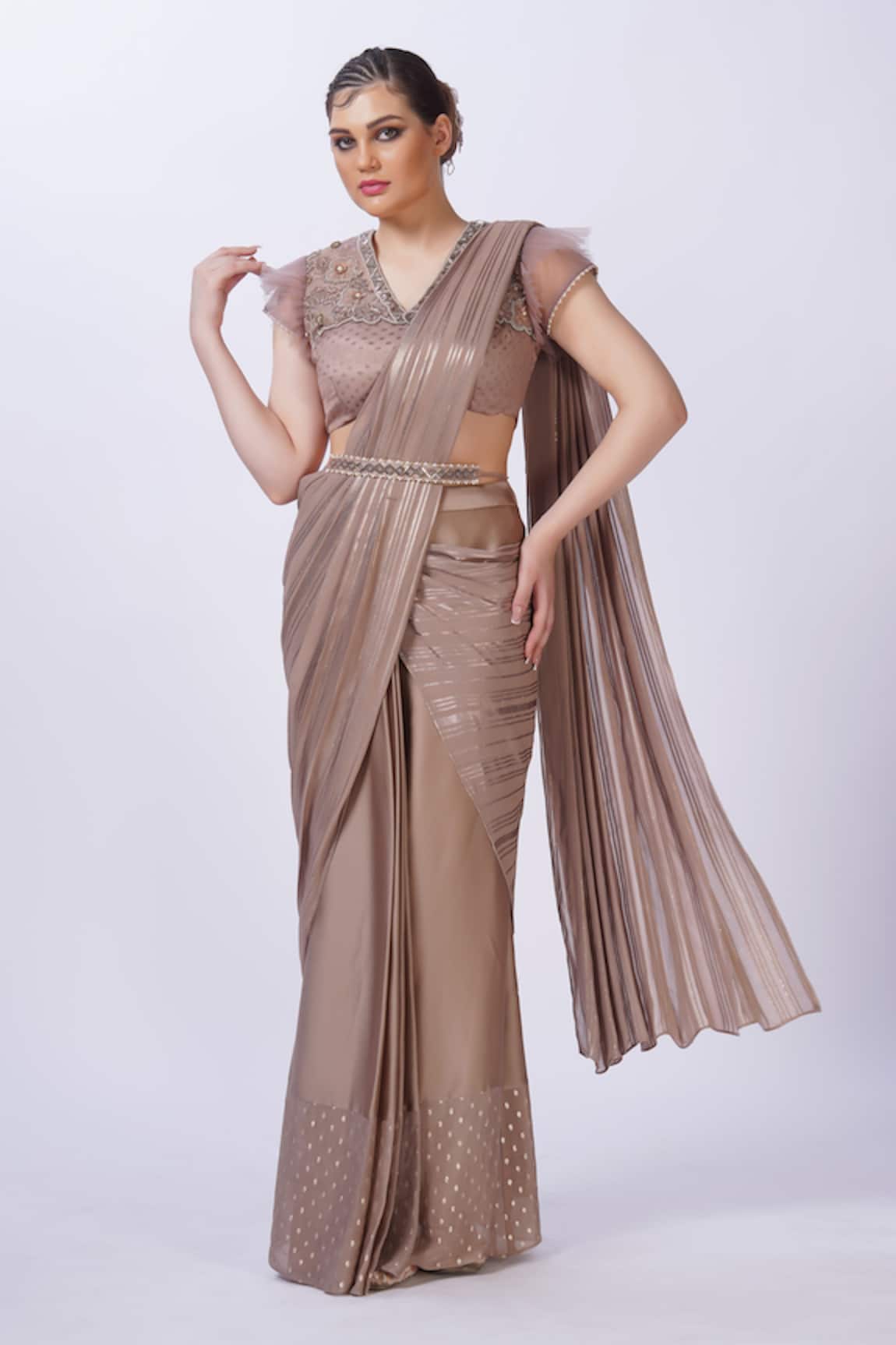 Merge Design Beige Applique Pre-Draped Saree Set 