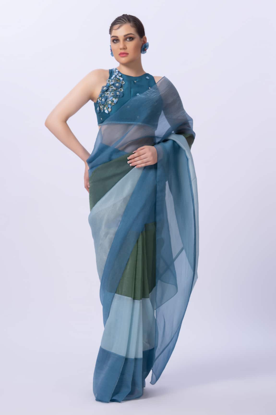 Merge Design Designer Blue Chiffon Saree & Blouse Set 