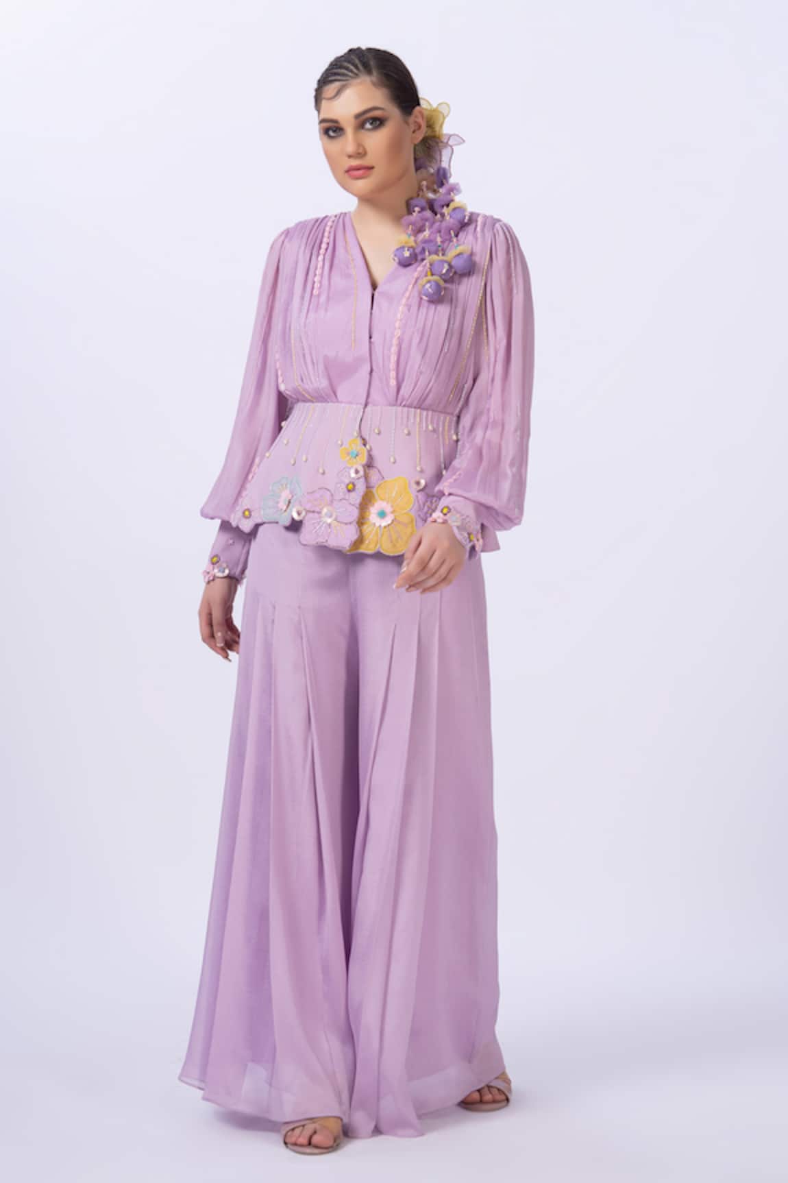 Merge Design Purple Applique Chiffon Top & Pant Set 
