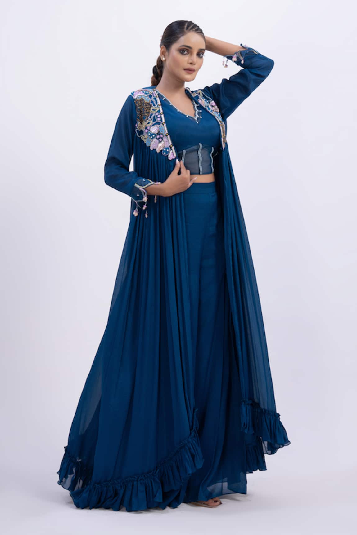 Merge Design Blue Embroidered Top Pant Shrug Set 
