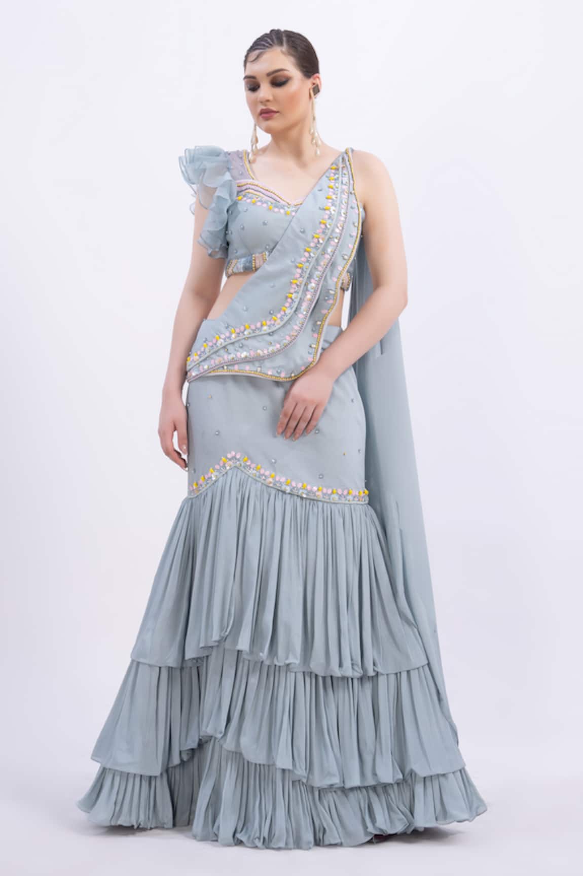 Merge Design Designer Pre-Draped Saree & Blouse Set 