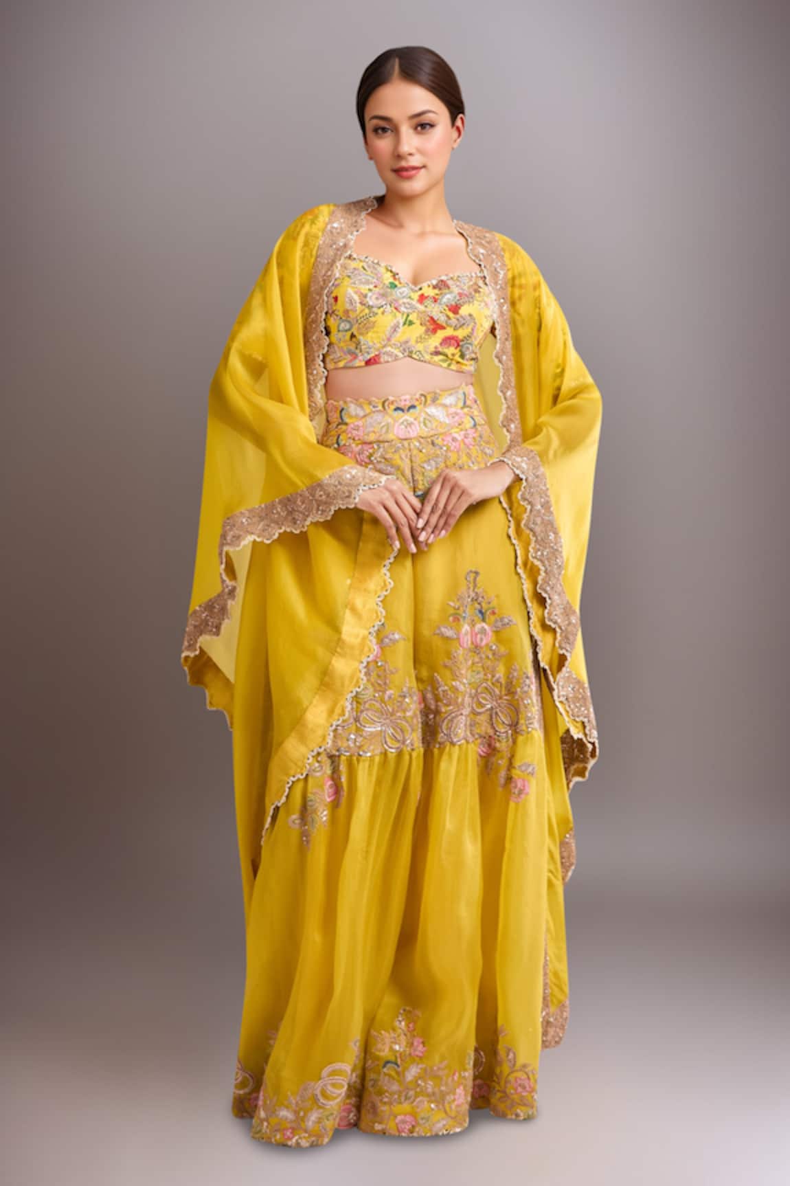 Anamika Khanna Embroidered Yellow Cape & Sharara Set 
