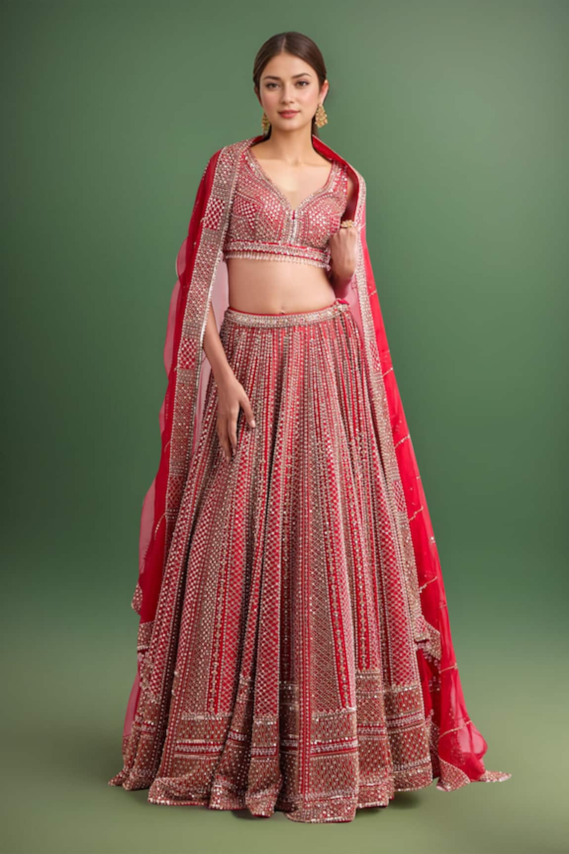 Seema Gujral Embroidered Red Net Lehenga Set 