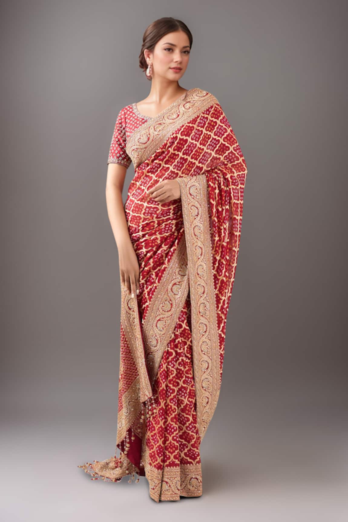 Kalighata Red Bandhej Saree With Blouse 