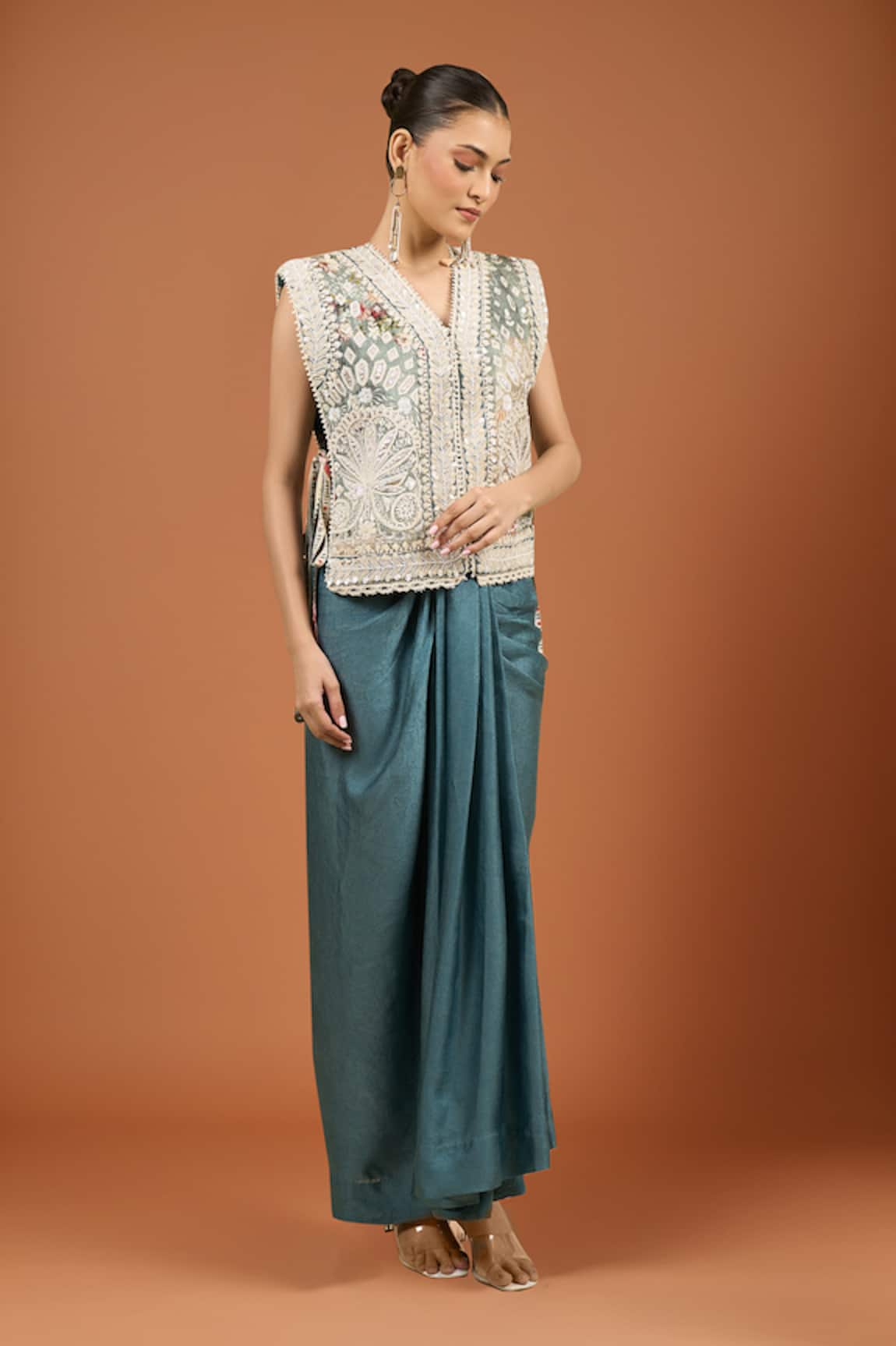 Aseem Kapoor Dull Teal Gilet & Skirt Set 
