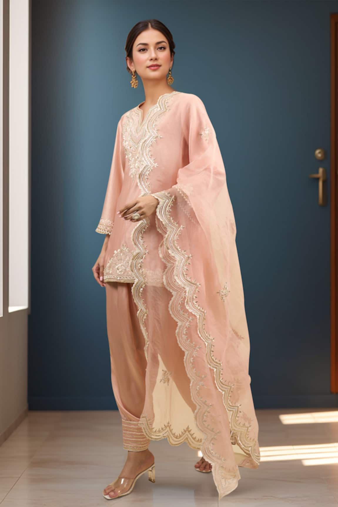 Sheetal Batra Off Rose Short Kurta Salwar Set 