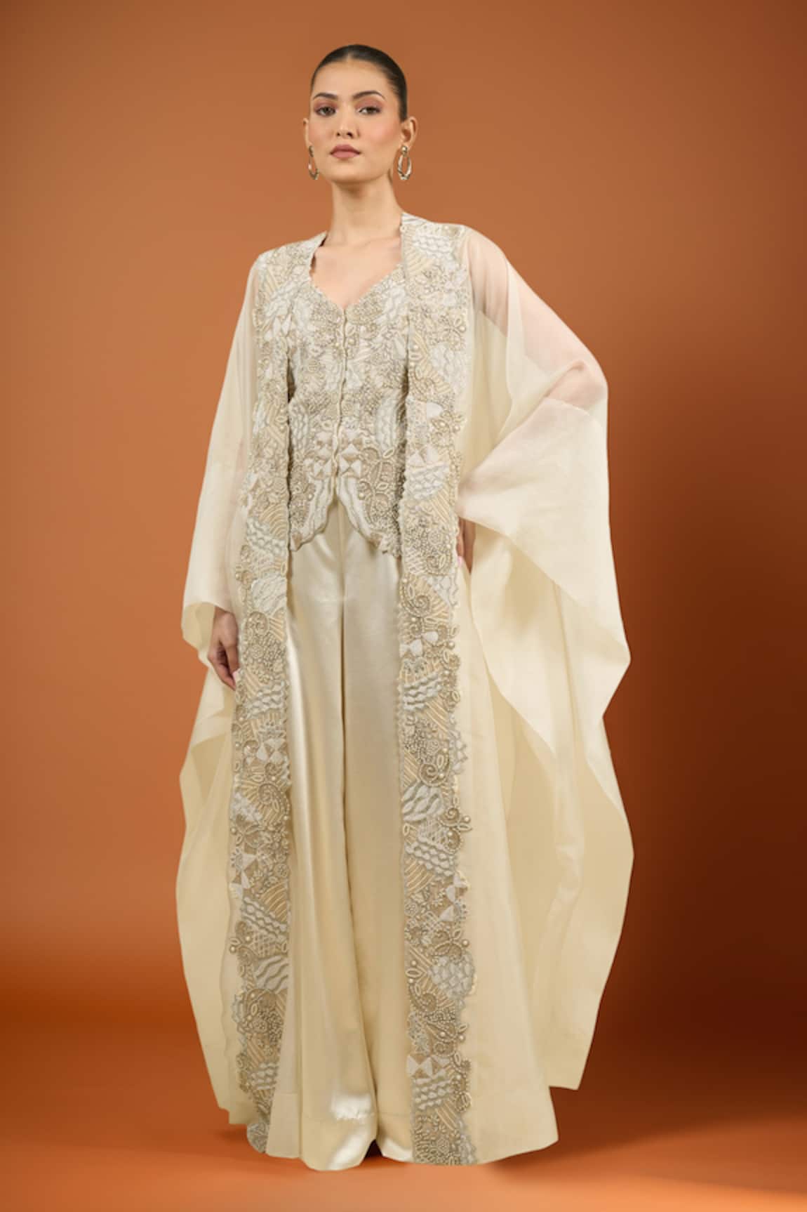 Anamika Khanna Ivory Silver Cape Palazzo Set 