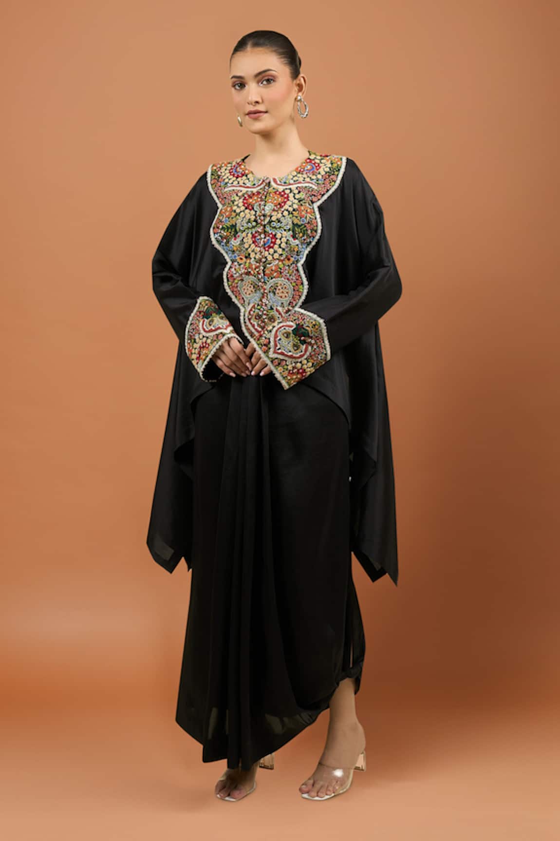 Anamika Khanna Black Embroidered Cape Top Dress Set 