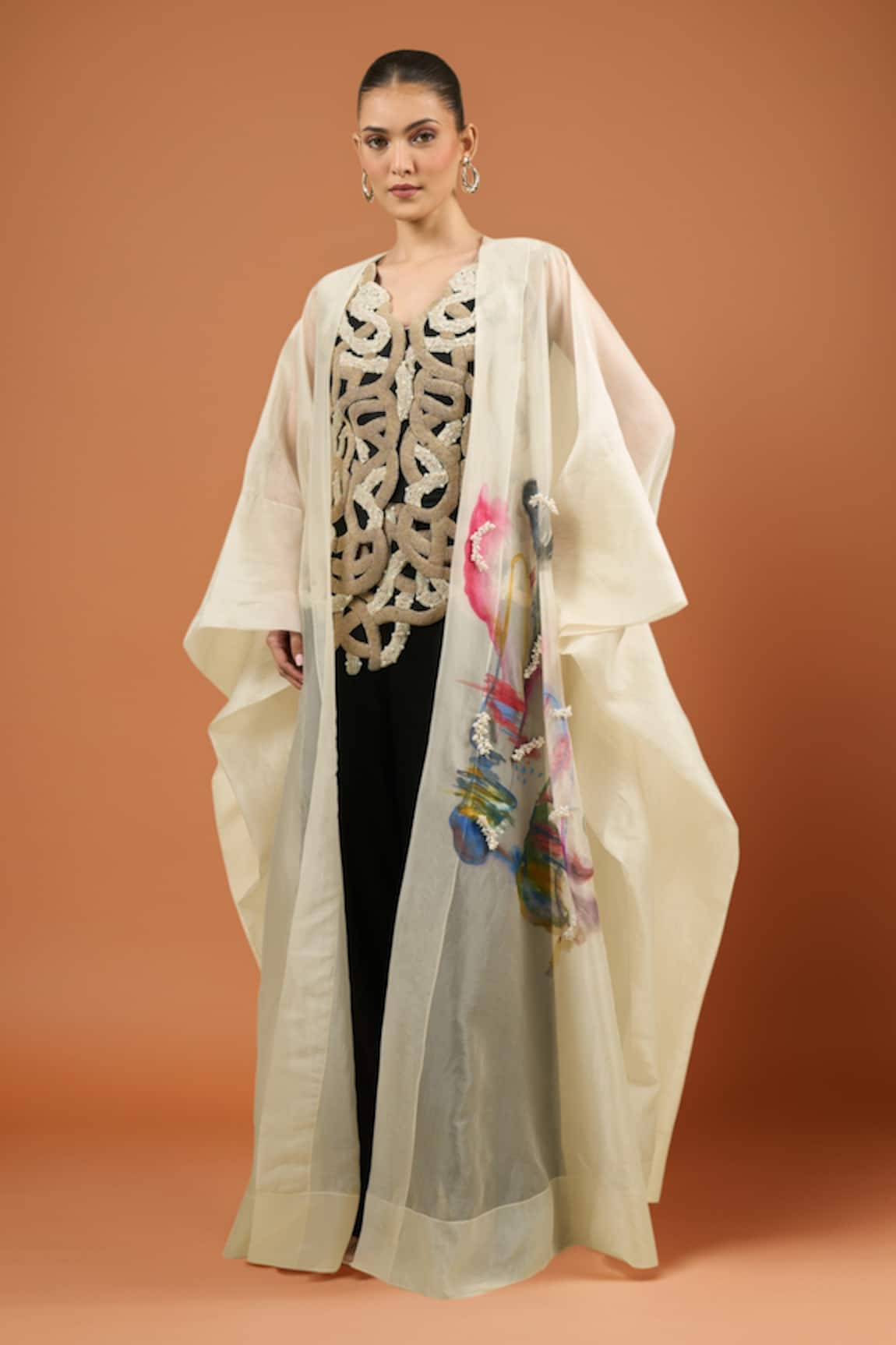 Anamika Khanna Off-White Embroidered Cape Set 