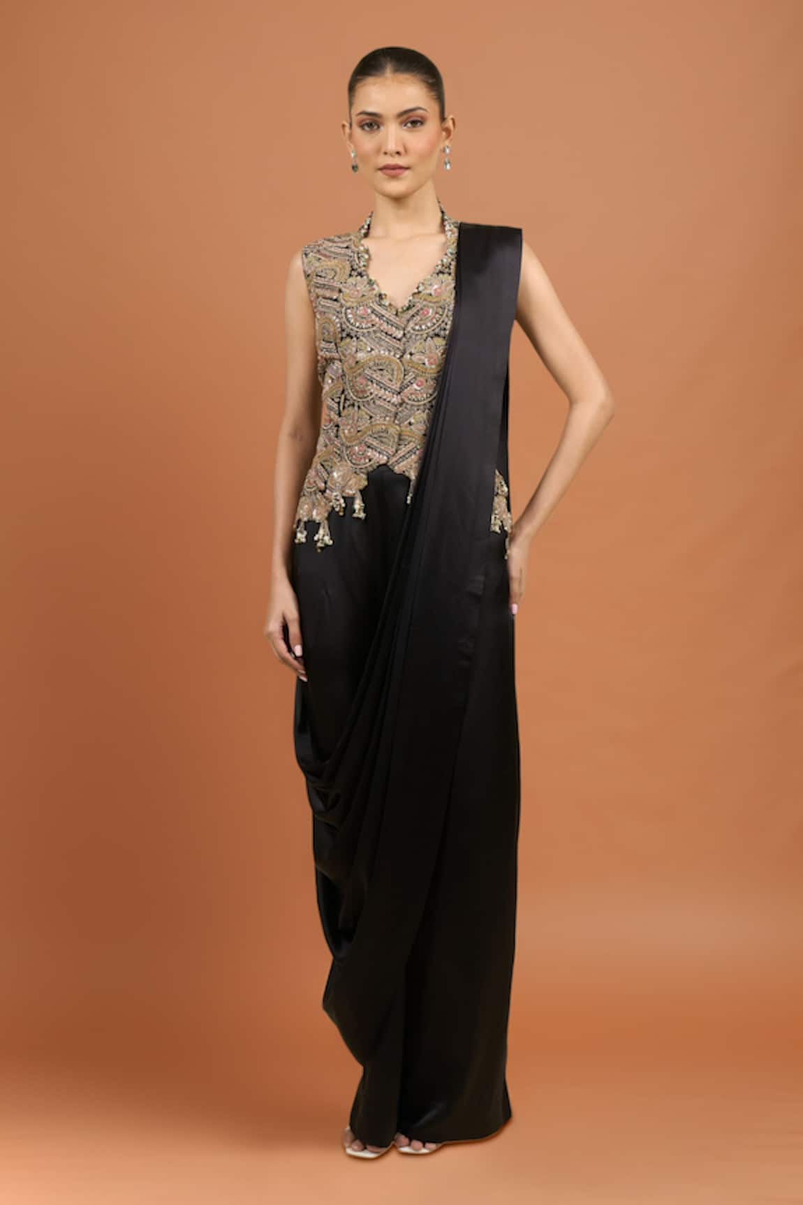 Anamika Khanna Black Zardosi Waistcoat Dress Set 