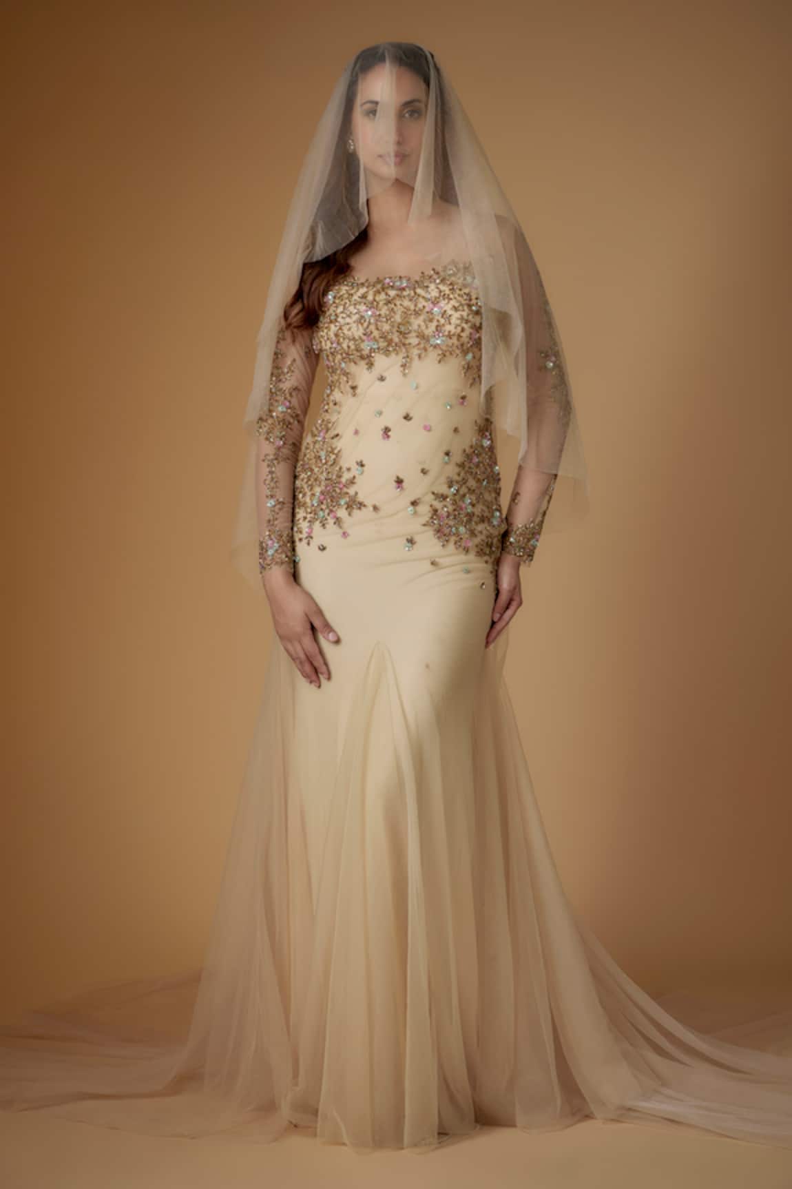 Fatiz Champagne Gold Designer Gown With Veil 