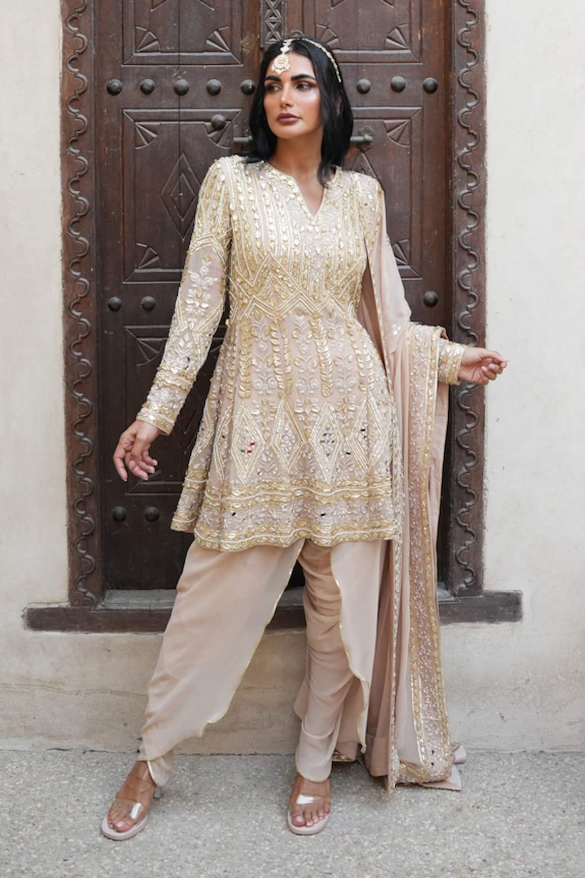 Shian Beige Embroidered Anarkali Set 