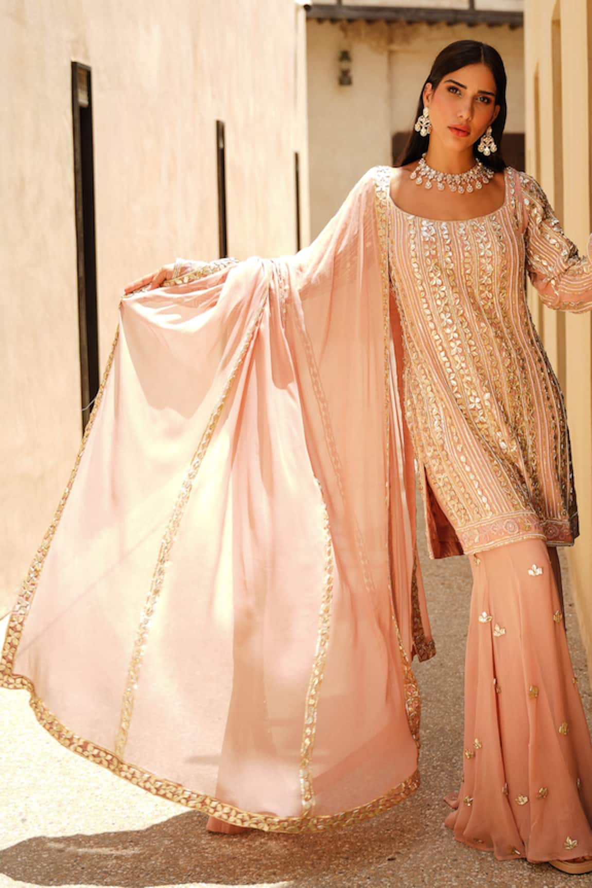 Shian Salmon Pink Embroidered Kurta Sharara Set 