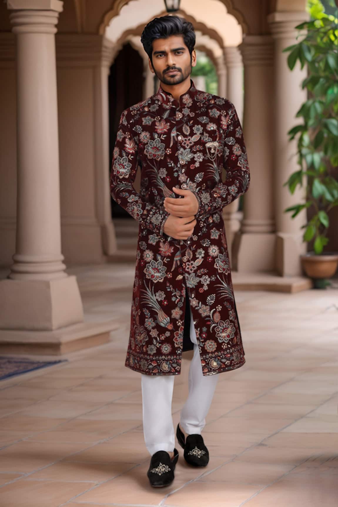 Arihant Rai Sinha Maroon Velvet Sherwani & White Pant Set 
