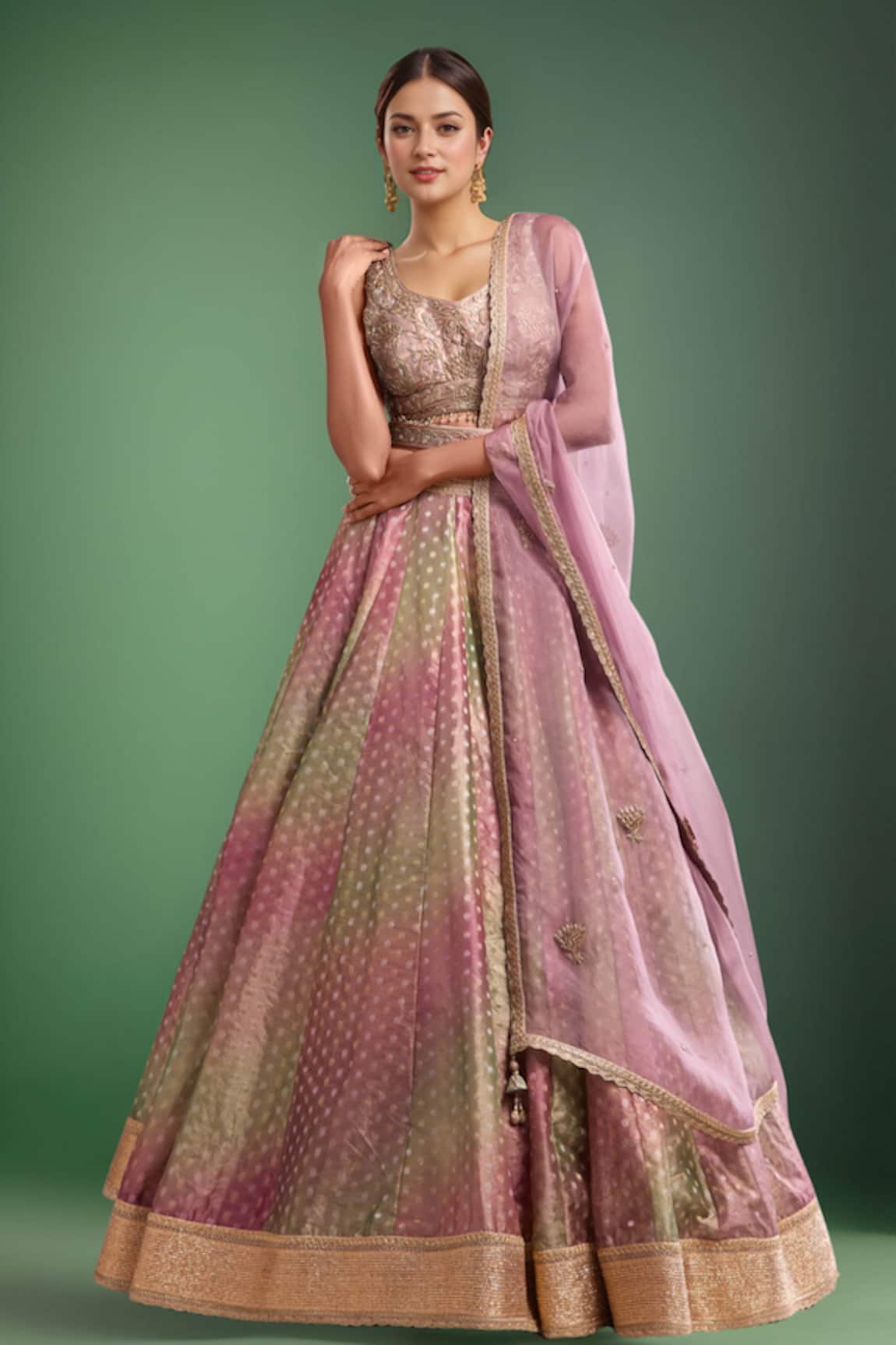 Shyam Narayan Prasad Dusty Pink & Green Embroidered Lehenga Set 