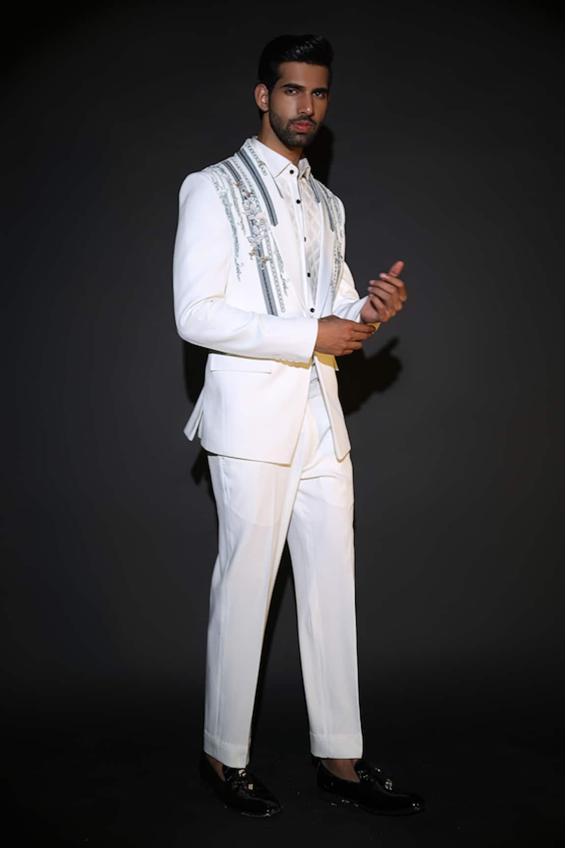 Courtyard By Abhi White Japanese Lycra Embroidered Tuxedo Set 