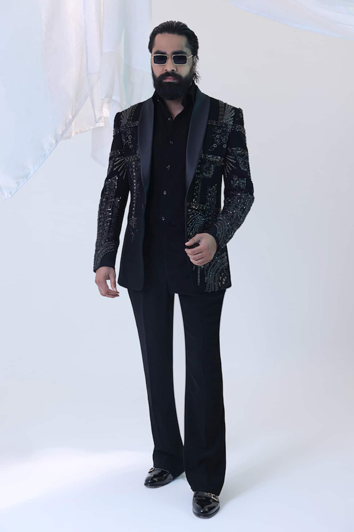 Courtyard By Abhi Black Japanese Lycra Embroidered Tuxedo Set 