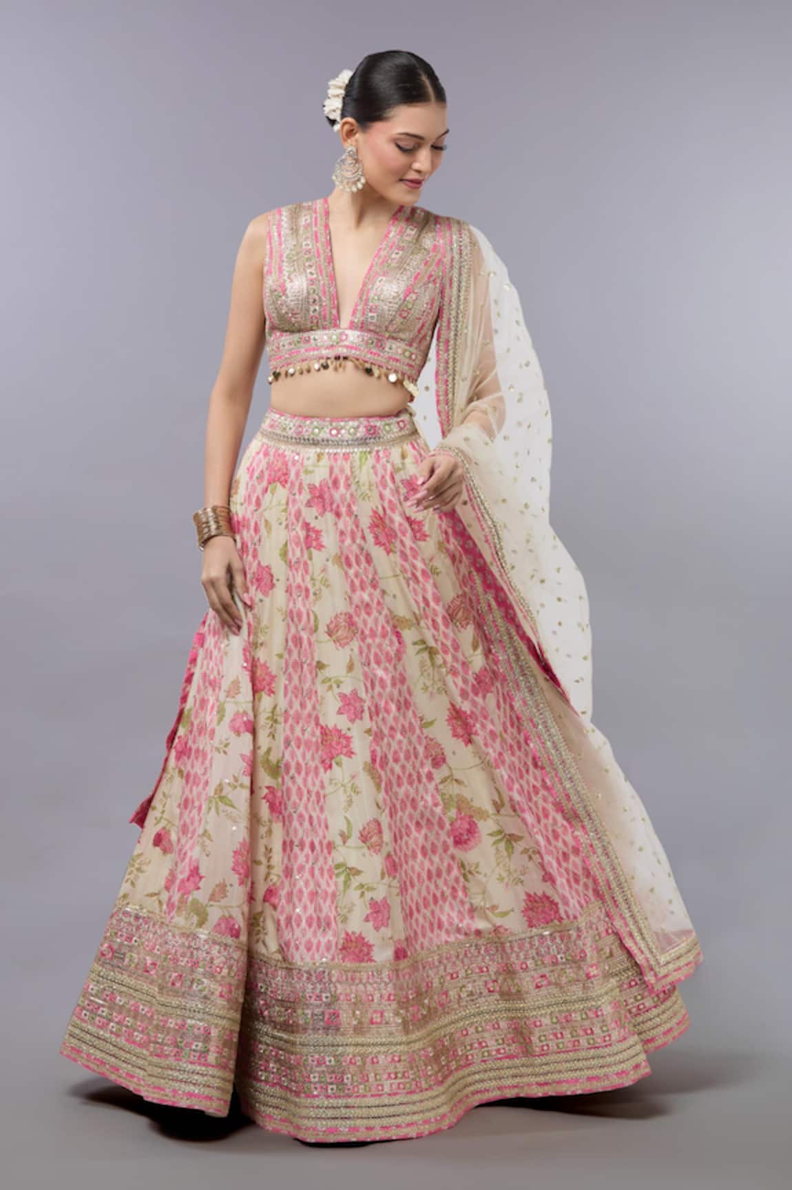 Gopi Vaid Floral Embroidered Ivory Lehenga Set 