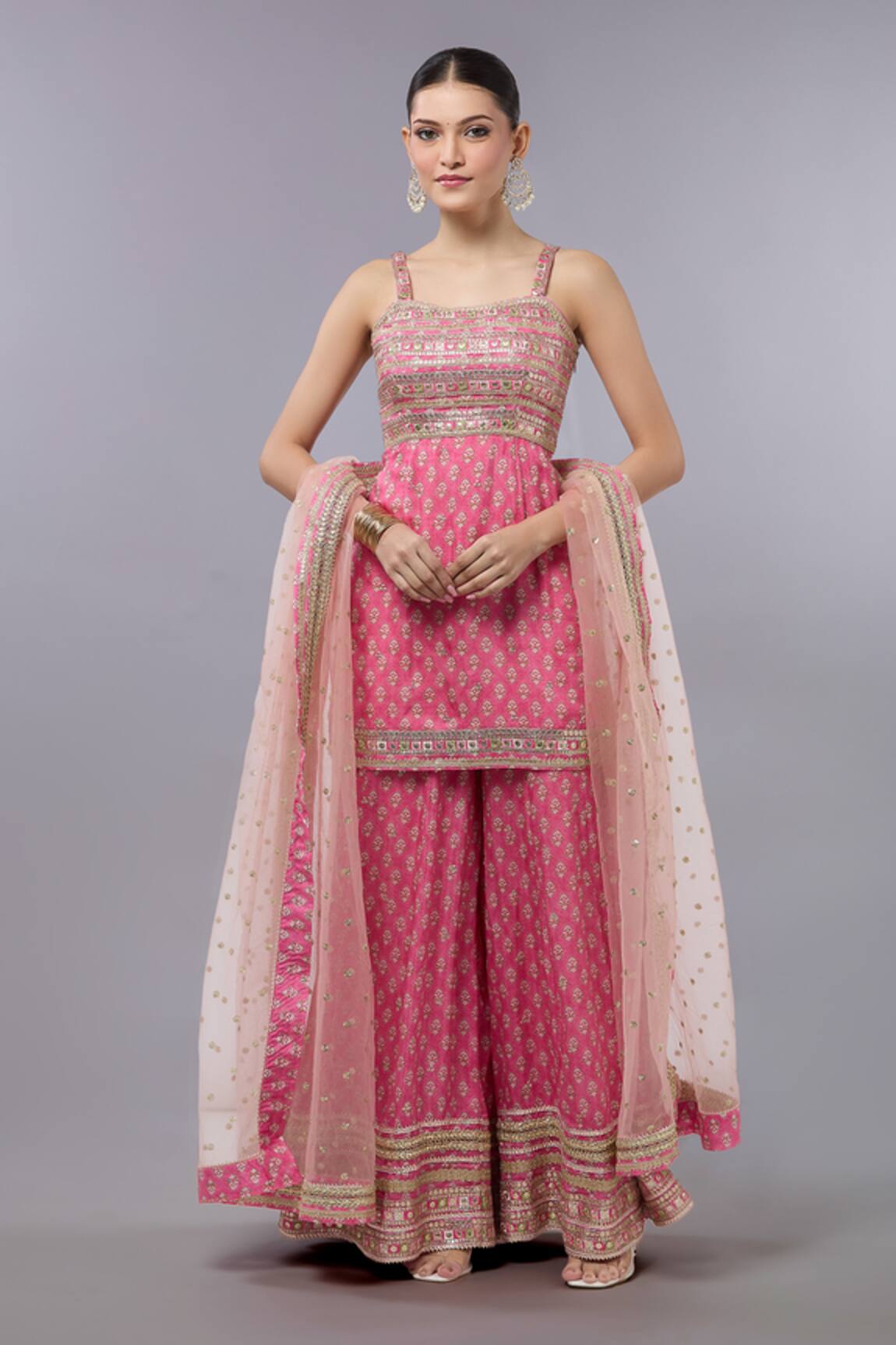 Gopi Vaid Pink Cotton Silk Kurta Sharara Set 