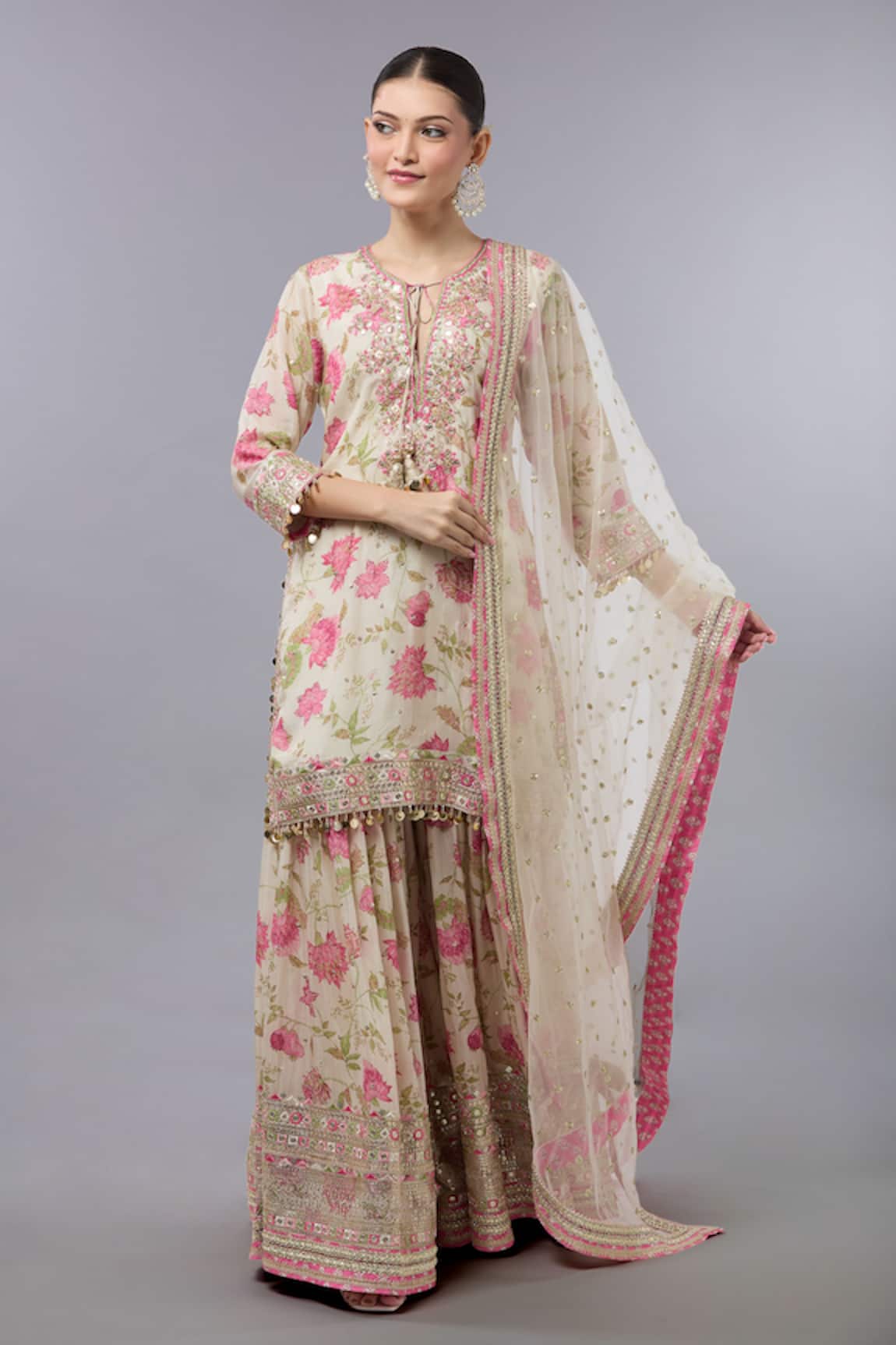 Gopi Vaid Floral Print Kurta Set With Sharara 