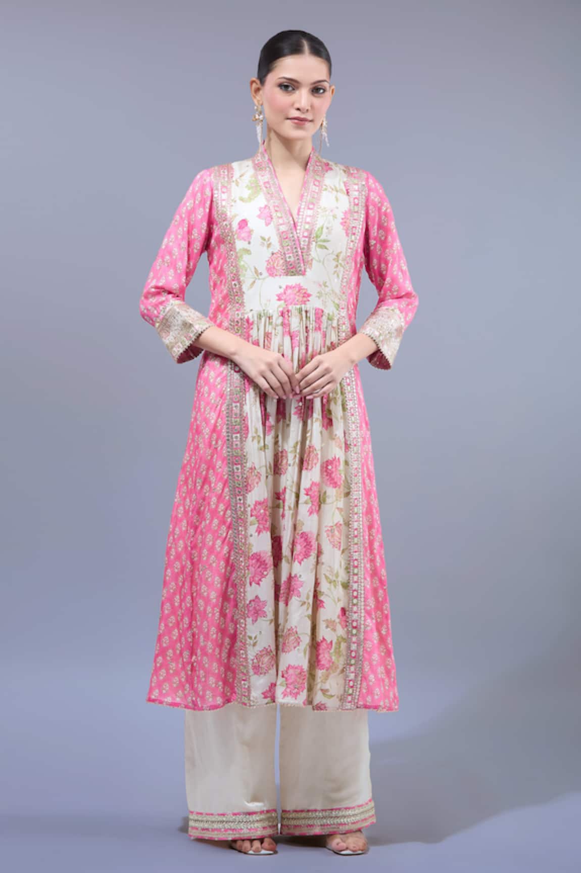 Gopi Vaid Pink Floral Print Anarkali Palazzo Set 