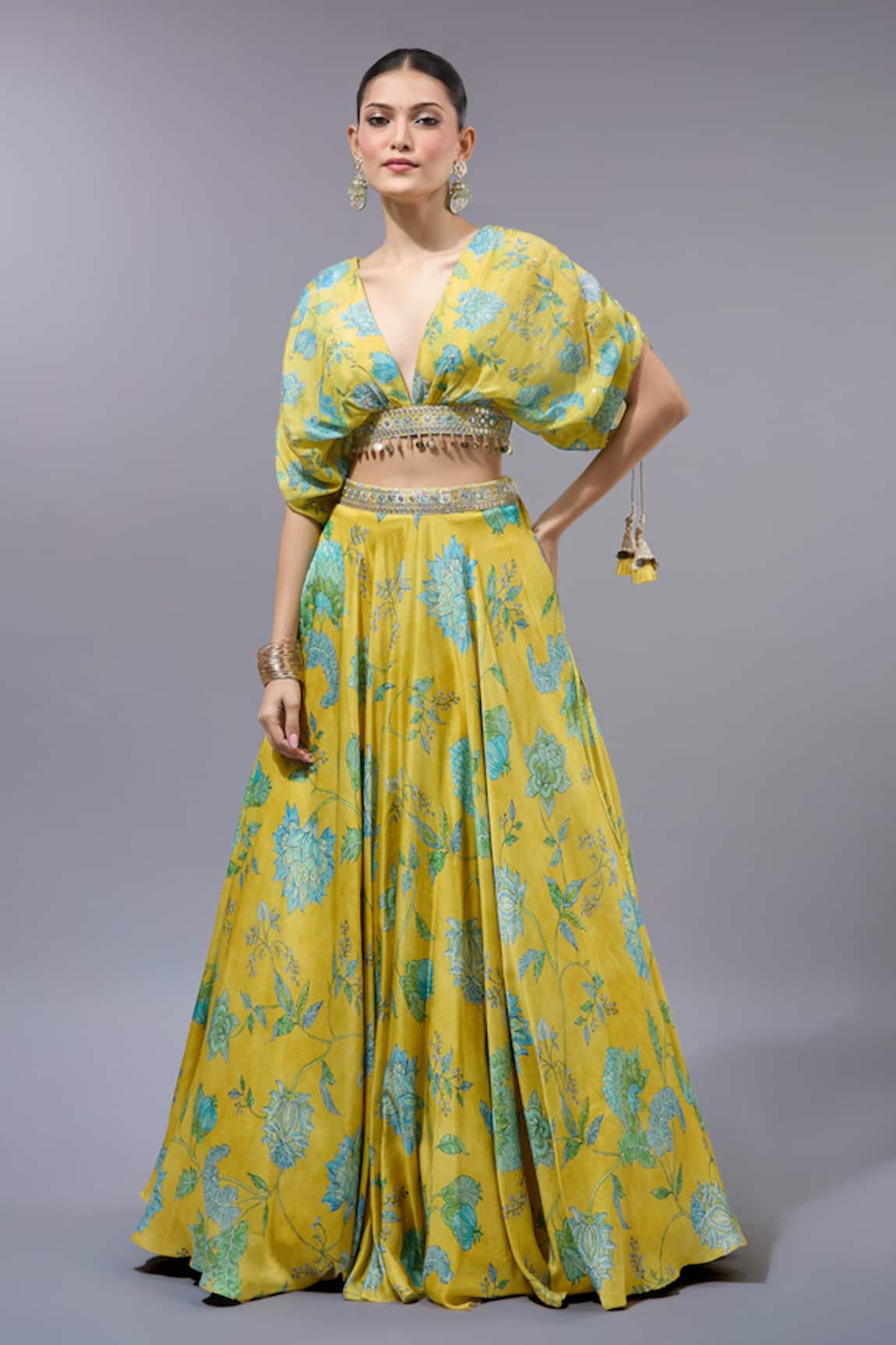 Gopi Vaid Floral Printed Yellow Lehenga Set 