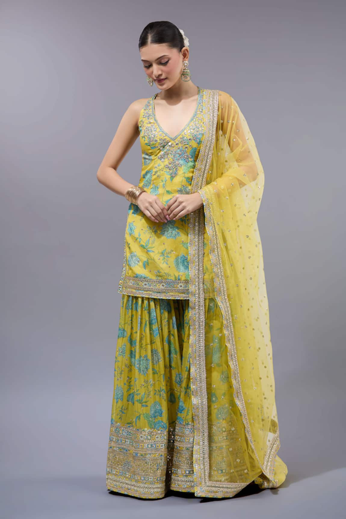 Gopi Vaid Yellow Floral Kurta Sharara Set 