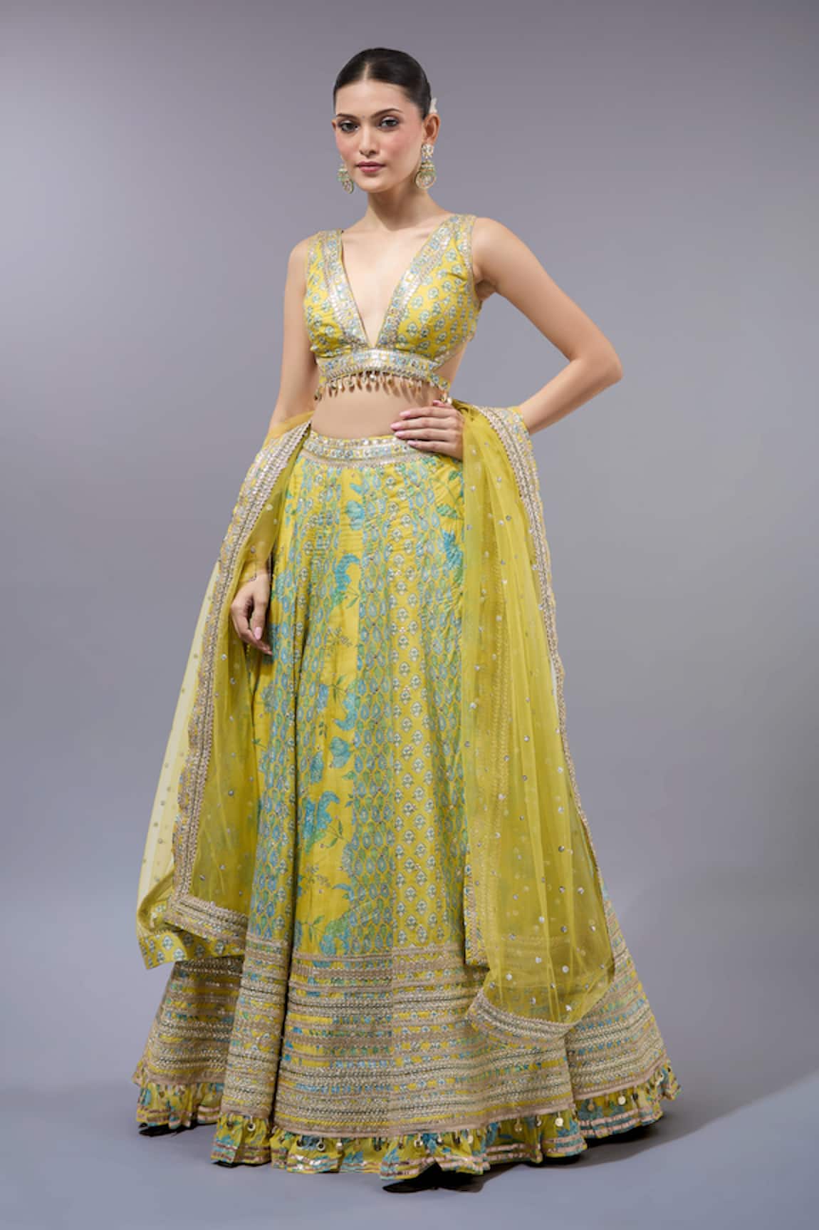 Gopi Vaid Yellow Cotton Silk Classic Lehenga Set 