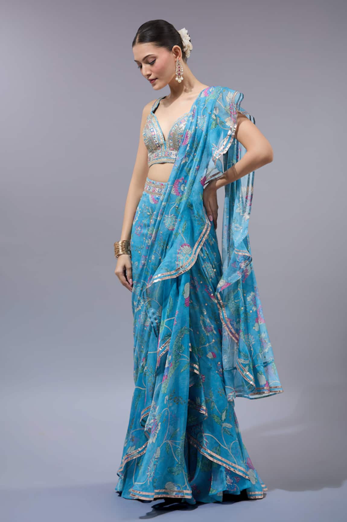 Gopi Vaid Designer Blue Ruffle Pre-Draped Saree Set 