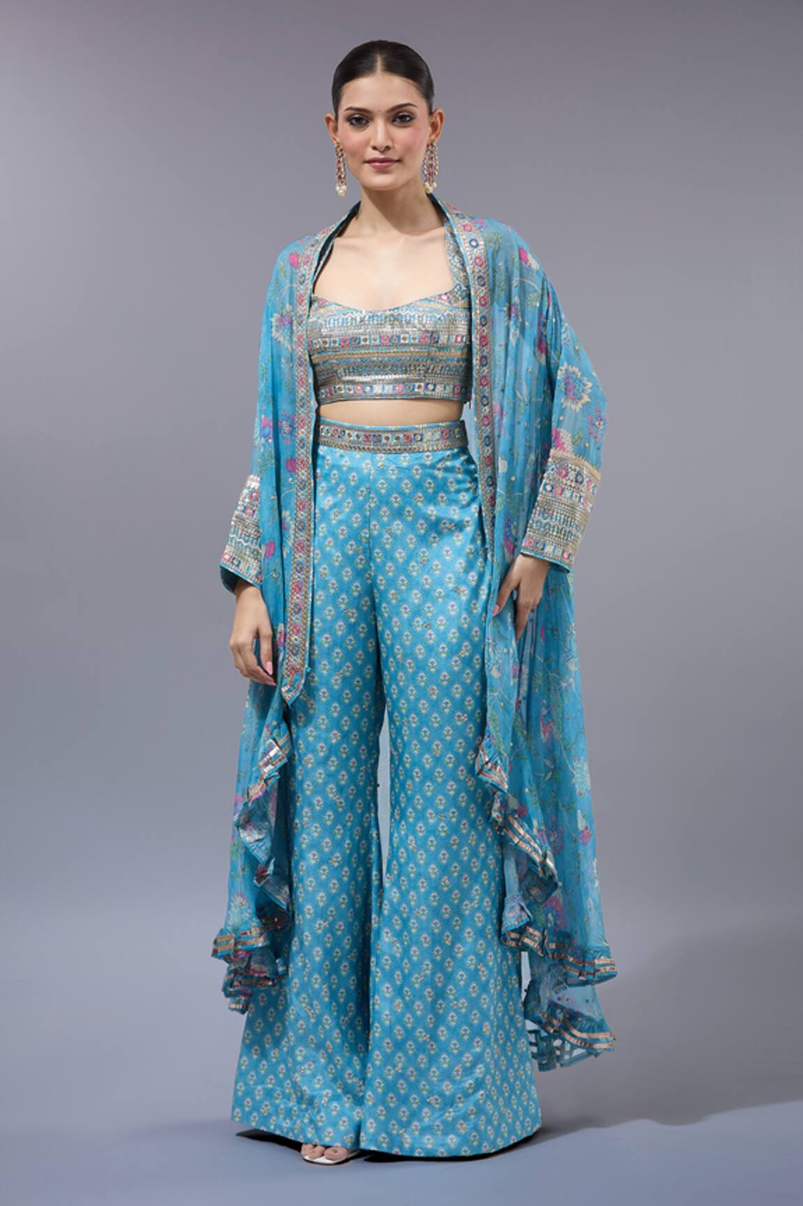 Gopi Vaid Blue Printed Cape Pant Set 