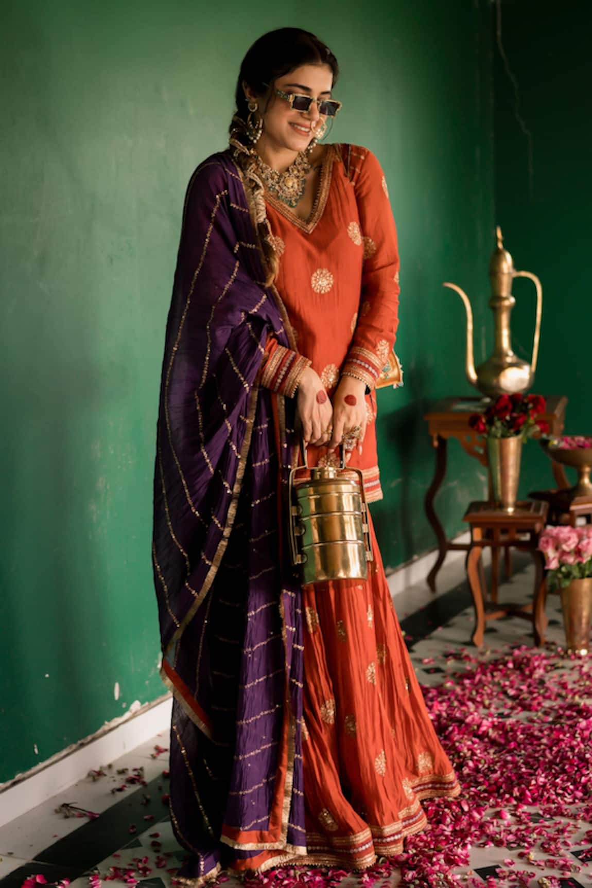 Nimbu Mirchi Rust Zari Embroidered Sharara Set 