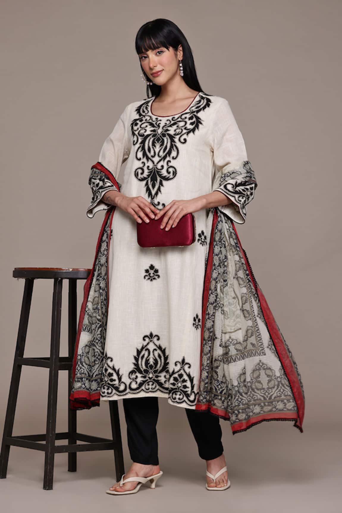 Ritu Kumar Ecru Inlay Kurta Set with Pant & Dupatta 