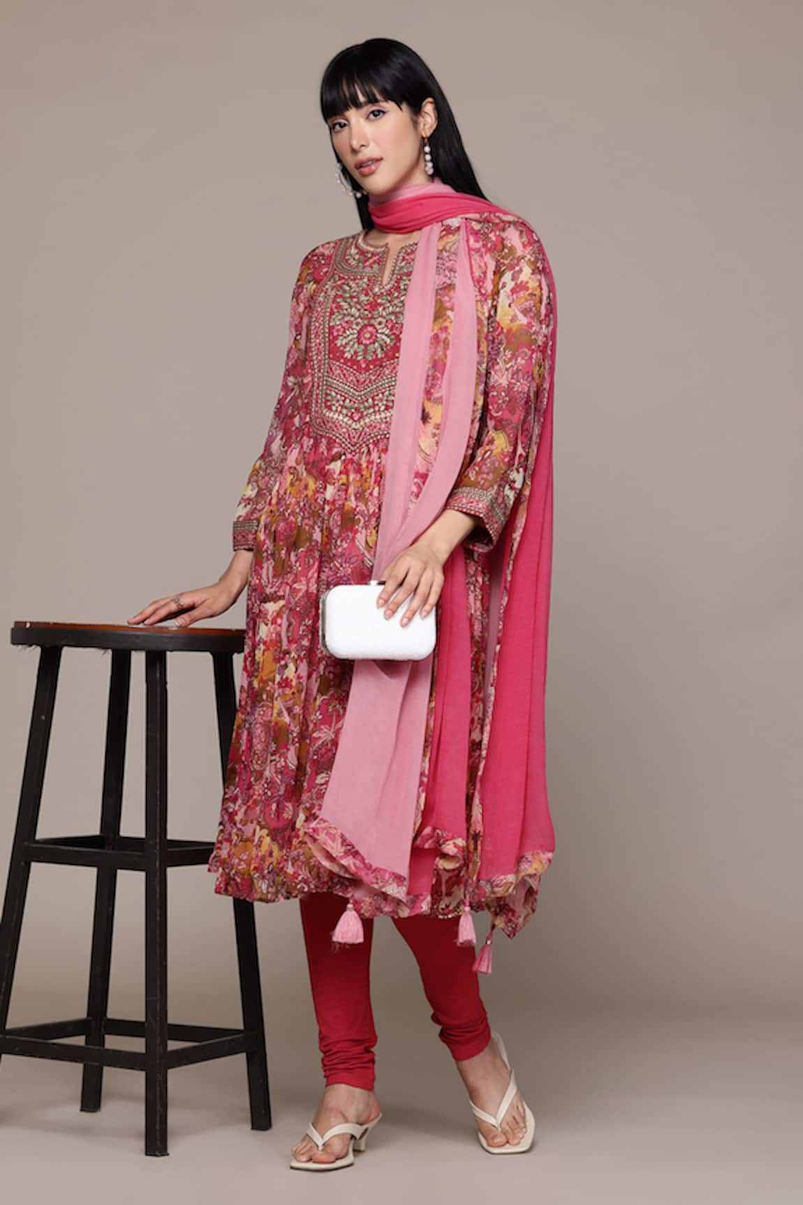 Ritu Kumar Pink Calabria Kurta With Churidar & Dupatta 
