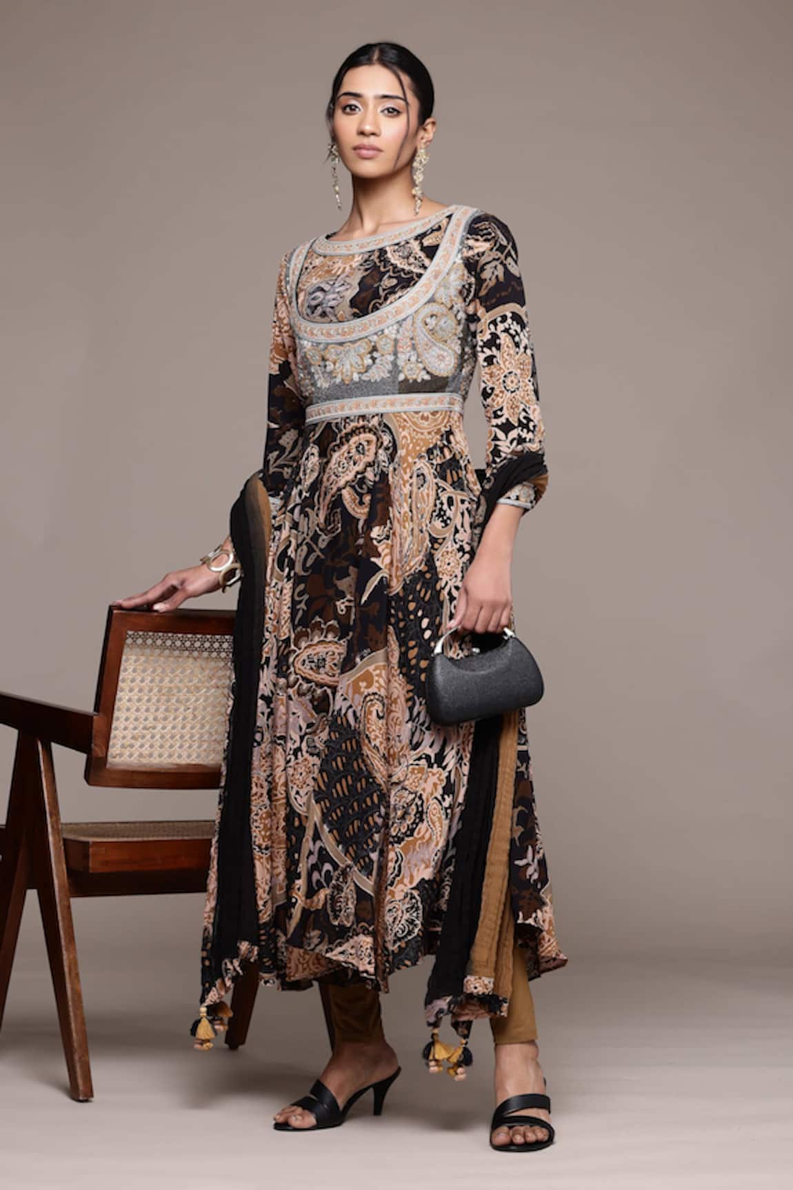 Ritu Kumar Black Dewey Kurta Set With Leggings & Dupatta 